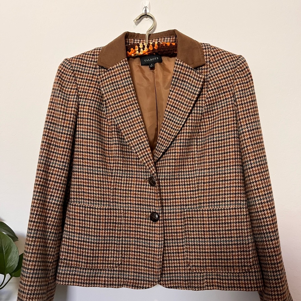 Talbots Brown Houndstooth Blazer Elbow Patches Size 4